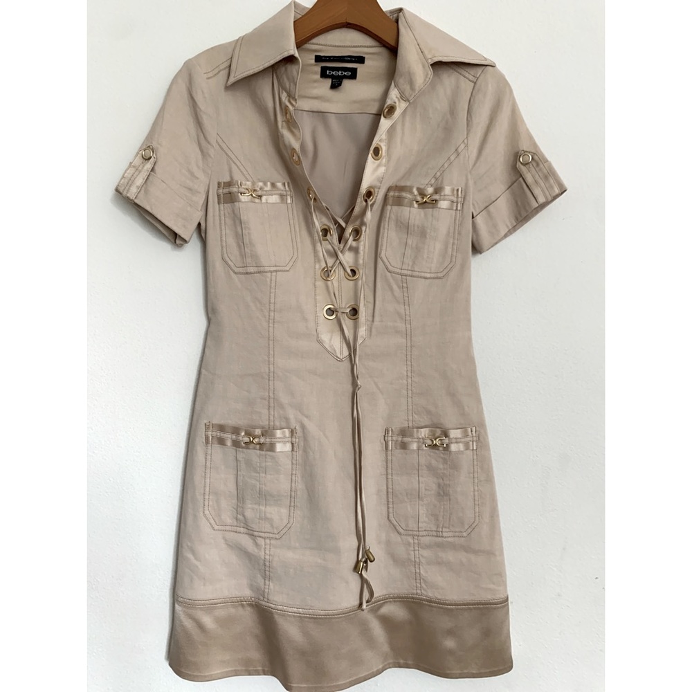 bebe Beige Lace-Up Mini Dress with Satin Trim